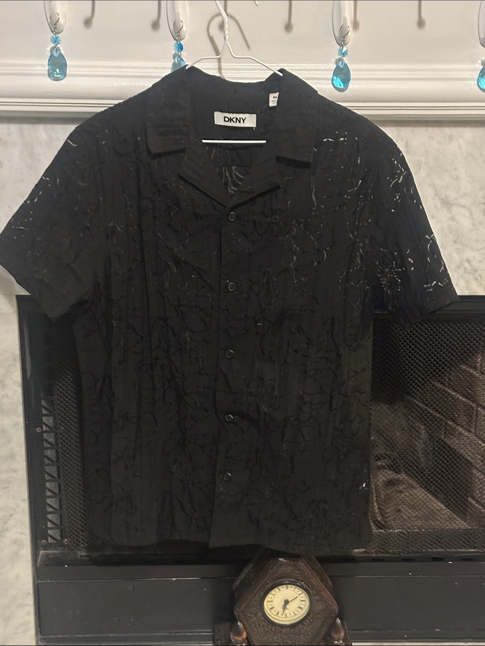 DKNY Black Short-Sleeve Button-Down Shirt with Tonal Textured Pattern